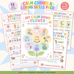 Könnte beinhalten: Ein digitales, druckbares Paket mit 11 Seiten an Ressourcen für eine Ruhe-Ecke und Bewältigungsstrategien. Das mittlere Blatt zeigt eine My Calm Down Flower Grafik mit acht nummerierten Strategien, umgeben von Atemübungen und Menükarten.