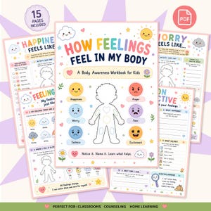 May include: A 15-page PDF workbook titled How Feelings Feel In My Body, featuring colorful illustrations of emotions like happiness, anger, worry, fear, sadness, and excitement. The pages include body maps, checklists, and writing prompts for kids.