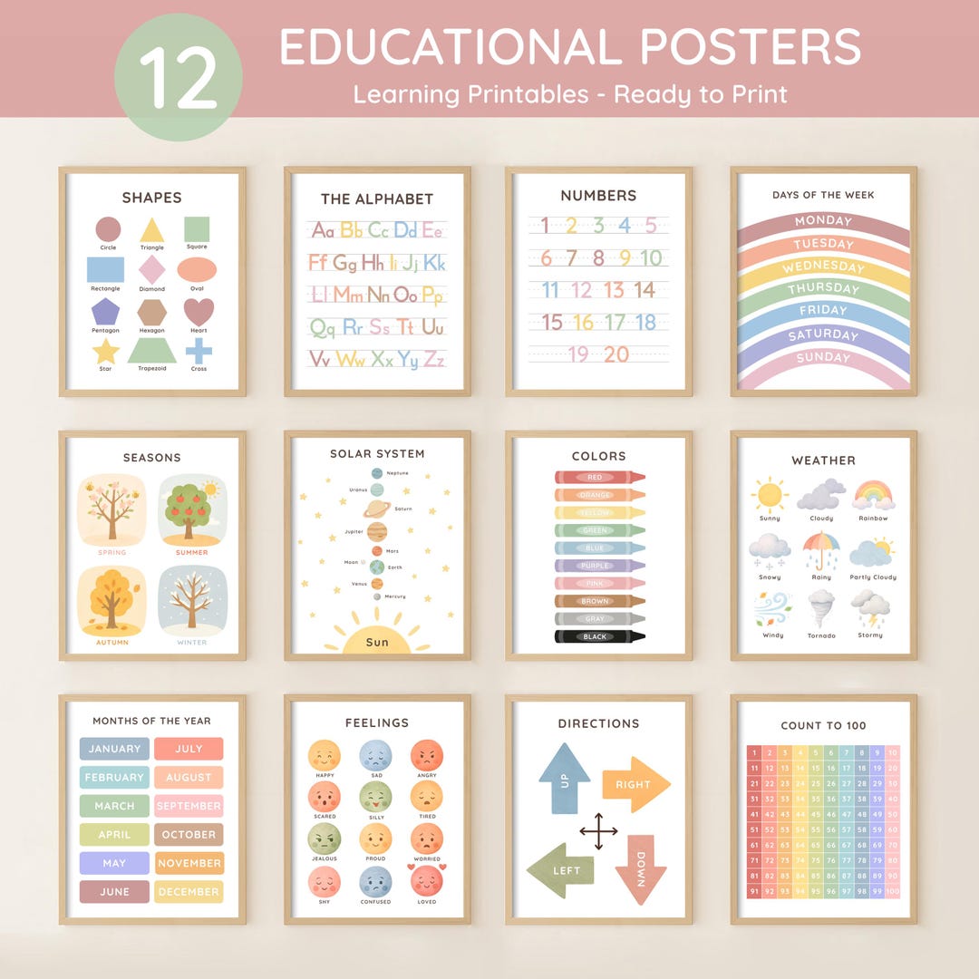 Set of 12 Educational Printable Posters, Homeschool Preschool Learning ...