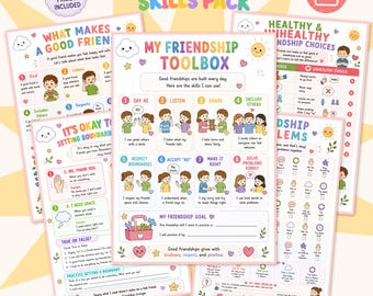 Paquete de habilidades sociales y de amistad para niños, hojas de trabajo para hacer amigos, límites, resolución de conflictos, material imprimible de aprendizaje socioemocional, consejero escolar.