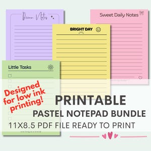 May include: A bundle of four printable notepads in pastel colors including purple, yellow, pink, and light green. Each sheet features black text, lines, and icons such as a flower, smiley face, and bow. The text reads Dream Notes, BRIGHT DAY, Sweet Daily Notes, and Little Tasks.