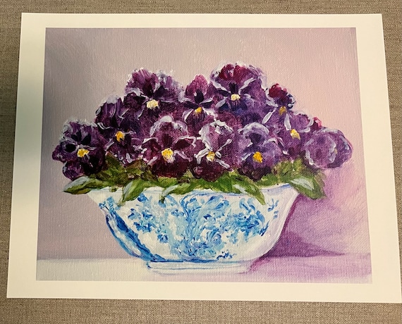 Print of my original painting "Purple Pansies in a Bowl"
