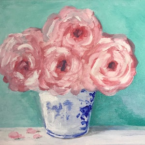 Rosa Rosen in Blau und weißer Tasse ~ Acrylmalerei