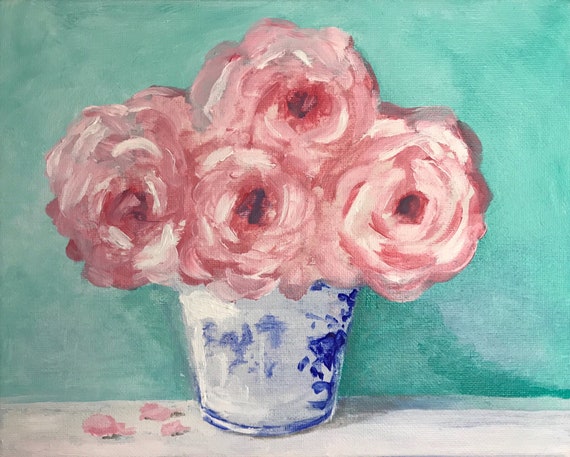 Pink Roses in Blue and White Cup ~ original acrylic painting