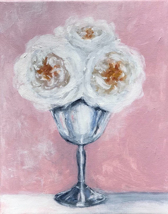White Roses in Silver Goblet ~ original acrylic painting