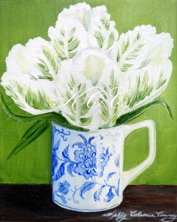 Fine Art Print from My Original Oil Painting- Green and White Tulips in Blue and White Cup