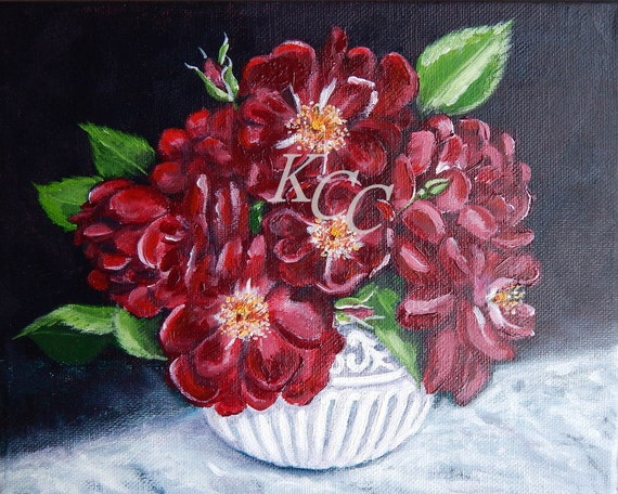 Original Painting  "Red Roses in a White Bowl"