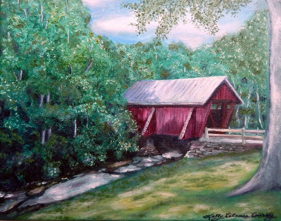 Red Covered Bridge ~ Original oil painting