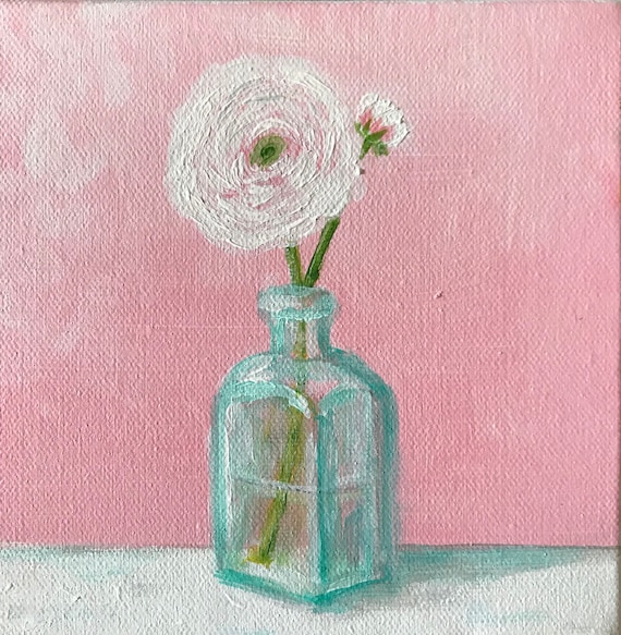 Pink Ranunculus in a Bottle original painting