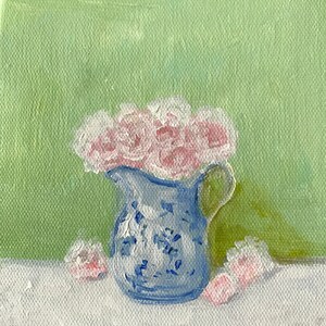 Pintura acrílica original de rosas rosadas en jarra