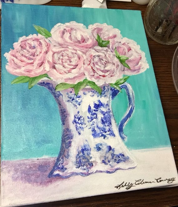 Pink Peonies in Blue and White Pitcher ~ Original painting