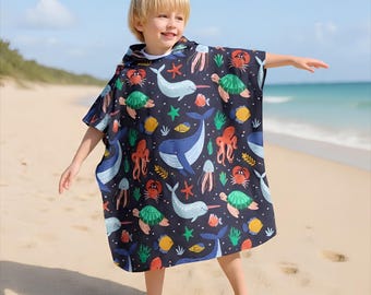Kids Hooded Beach Towel – Boys Girls Toddler Swim Poncho, Ocean Sea Animal Print, Quick Dry Bath Towel Wrap, Pool Beach Gift for Kids