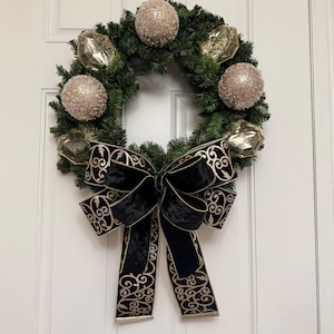 Elegant Christmas Wreath Black & Gold with Gemstones and Ice Frosted Ornaments