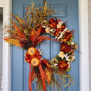 Fall Wreath Oversized, Peony & Buttercups with Berry Clusters, Long Blades of Grass, Whimsical Fall Door Decor, Pumpkins