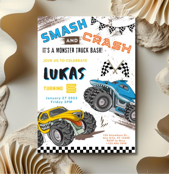 Monster Truck Birthday Invitation: Smash and Crash Party, Editable Canva  Template (instant Download) - Etsy