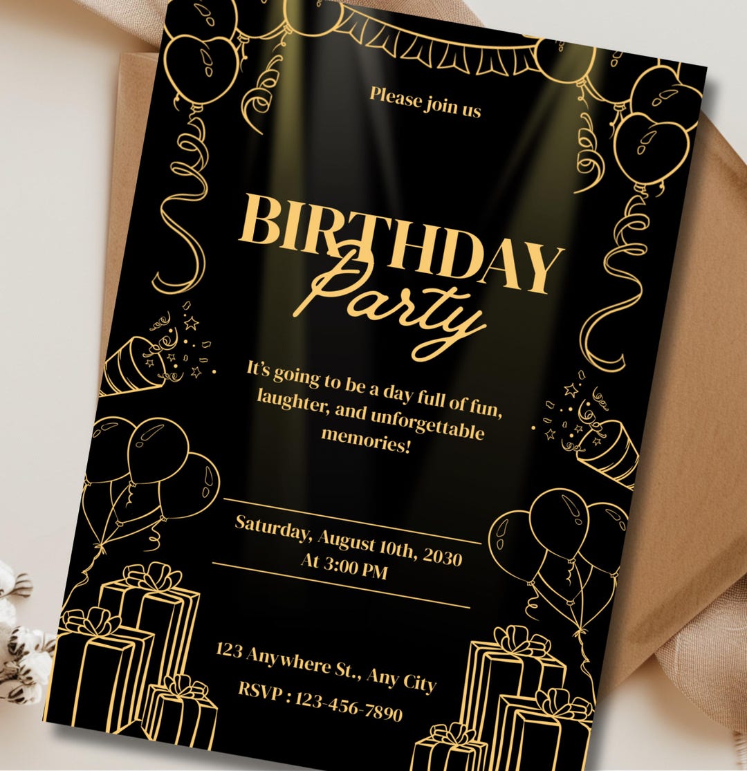 Black & Gold Birthday Invitation | Elegant Adult Birthday Party Invite ...
