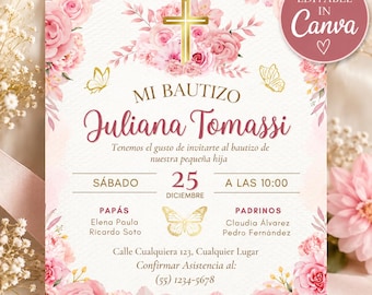 Invitación Bautizo Niña Editable, Invitación de Bautismo Español, Plantilla Canva, Invitación Floral Rosa, Descarga Digital