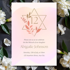 Editable Modern Bat Mitzvah Invitation: Blush Star of David, Editable Template (Digital Download)