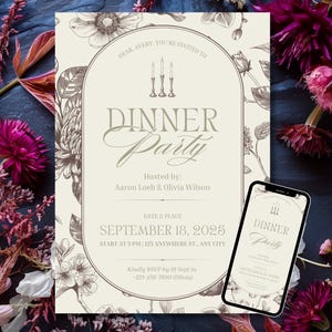 Könnte beinhalten: Eine Einladung zu einem Abendessen mit floralen Illustrationen und dem Text "Dinner Party". Die Einladung enthält Datum, Uhrzeit und Ort sowie RSVP-Details. Ein Smartphone zeigt die Einladung an.