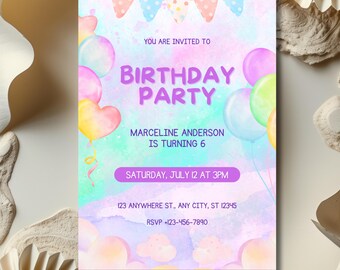 Pastel Balloon Birthday Invitation: Editable Girl's Party, Canva Template (Digital Download)