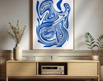 Blue Abstract Swirl Art Print, Mid Century Modern (Digital Download)