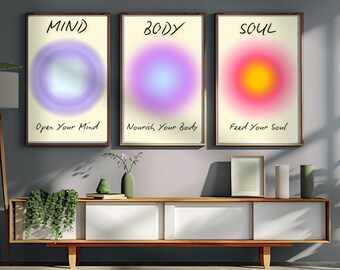 Zestaw wydruków z gradientem pozytywnej aury, duchowa, modna sztuka ścienna (do pobrania w wersji cyfrowej)
