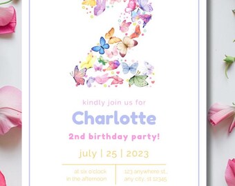 Editable Butterfly 2nd Birthday Invitation | Pastel 2nd Birthday Party | Toddler Girl Celebration | Editable Digital Canva Template