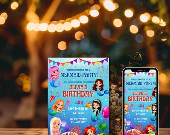 Invitación de cumpleaños de sirena: Fiesta submarina, plantilla editable de Canva (descarga digital)