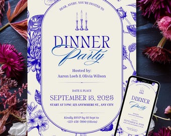 Blue Floral Dinner Party Invitation - Vintage Botanical Template (Digital Download)