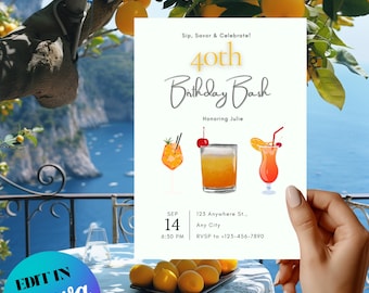 40th Birthday Cocktail Party Invitation | Elegant Adult Celebration (Editable Canva Template, Printable & Digital)