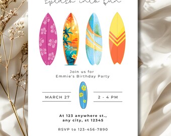May include: White invitation card with the text "splash into fun" and four colorful surfboards. The card reads "Join us for Emmie's Birthday Party" with the date, time, address, and RSVP information.