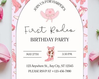 Editable First Rodeo Birthday Invitation | Editable Cowgirl Party Template | Pink Western Theme