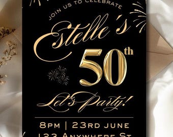 Elegant 50th Birthday Invitation: Black & Gold Canva Template (Digital Download)