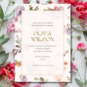 Bat Mitzvah Invitation | Elegant Floral Template | Editable Digital Download | Jewish Celebration Invite | Canva Printable