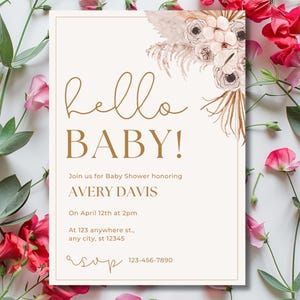 Editable Boho Baby Shower Invitation: Neutral Floral, Editable Template (Digital Download)