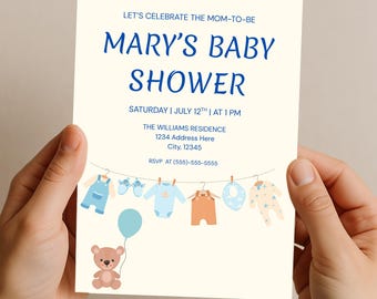 Teddy Bear Baby Shower Invitation | Neutral Baby Shower Invite | Editable Template | Balloon & Clothesline Theme | Instant Download