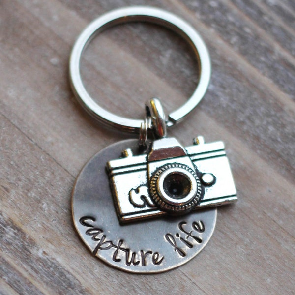 Camera Key Chain - Hand Stamped Capture Life Photographer Key Chain - Vintage Brass - Photographer Gift