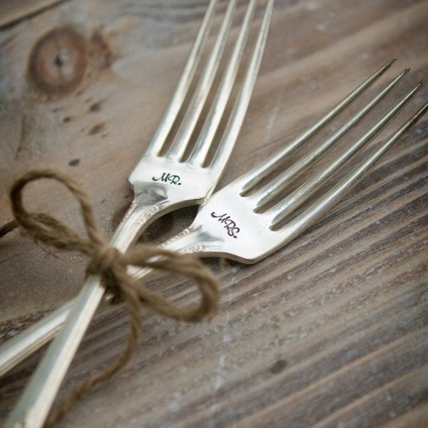 Mr. & Mrs. Forks Vintage Silverplate Dinner or Dessert Forks - Handstamped - Wedding Reception - Shabby Chic