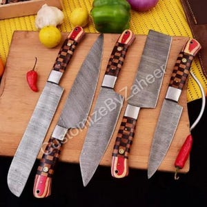 Set Of 5 Pcs Damascus Chef | Kitchen Knives Set | Custom Handmade Damascus Chef Set | Hand Forged Kitchen Chef Set | Best Kitchen Gift