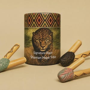 May include: A cylindrical container with a leopard graphic and the text Signature Rapé Shaman Hapé Tribe, featuring a geometric patterned lid, surrounded by four wooden snuff pipes with carved, colored ends in green, black, and muted red tones.