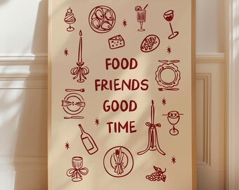 Dinner Party Print: Foodie Kitchen Wall Art, Hand-Drawn Illustration