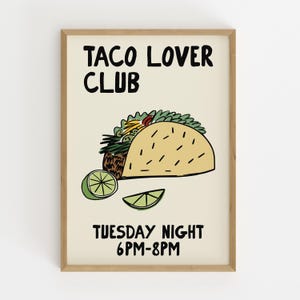 Taco Lover Club Print Taco Night Poster Kitchen Wall Art Foodie Printable Fun Taco Illustration Mexican Food Decor DIGITAL DOWNLOAD