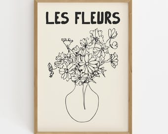Les Fleurs Print: French Floral Line Art, Minimalist Botanical Vase (Digital Download)