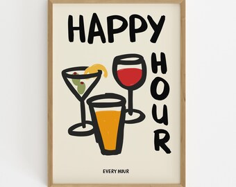Happy Hour Bar Cart Print: Hand-Drawn Cocktail & Wine Art (Digital Download)