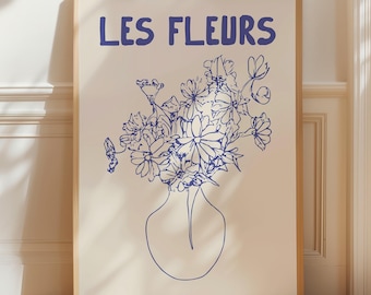 Les Fleurs Blue Art Print: Minimalist Floral Vase, French Line Art
