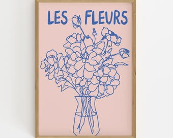 Blue Pink Floral Line Art Print: Les Fleurs Vase, Modern Botanical Decor  (Digital Download)