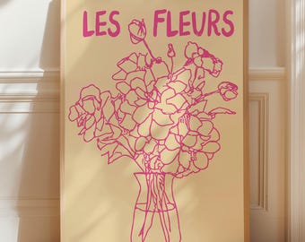 Les Fleurs Print: Pink Flower Vase, French Line Art