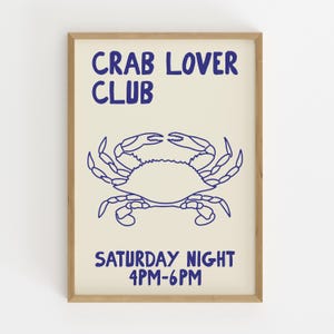 Crab Lover Club Wall Art Coastal Kitchen Print Nautical Crab Poster Seafood Illustration Gift for Beach House Decor