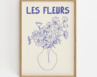Les Fleurs Print: Blue French Floral Line Art (Digital Download)