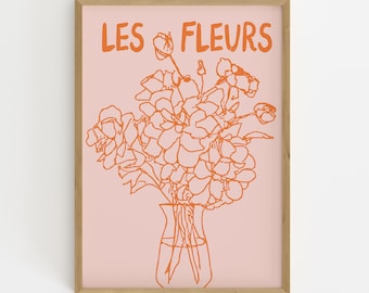 Orange Floral Line Art Print: French Flower Vase, Modern Botanical (Digital Download)